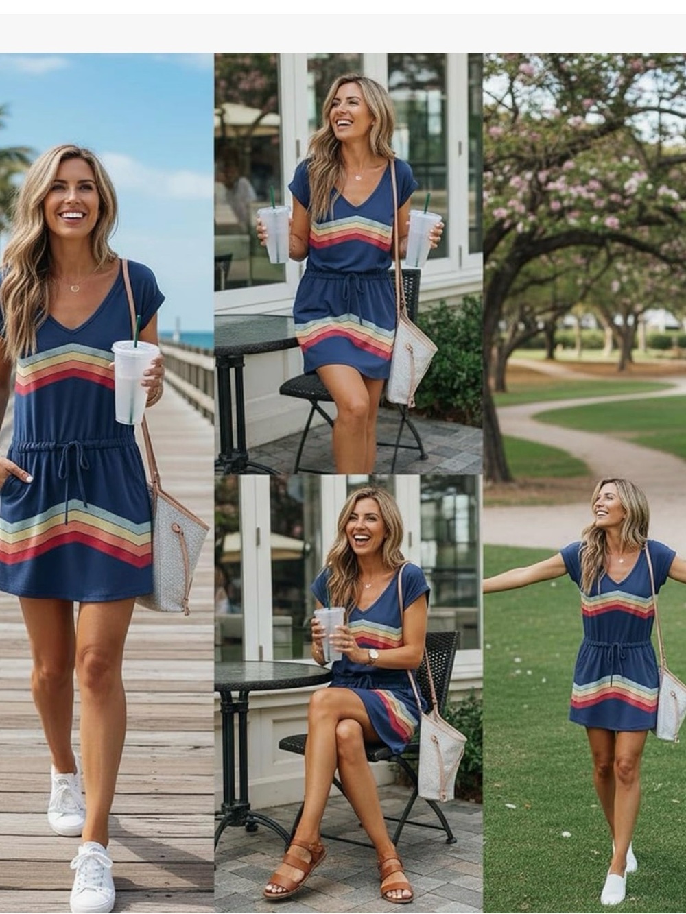 Navy Chevron Stripe Drawstring Tee Dress